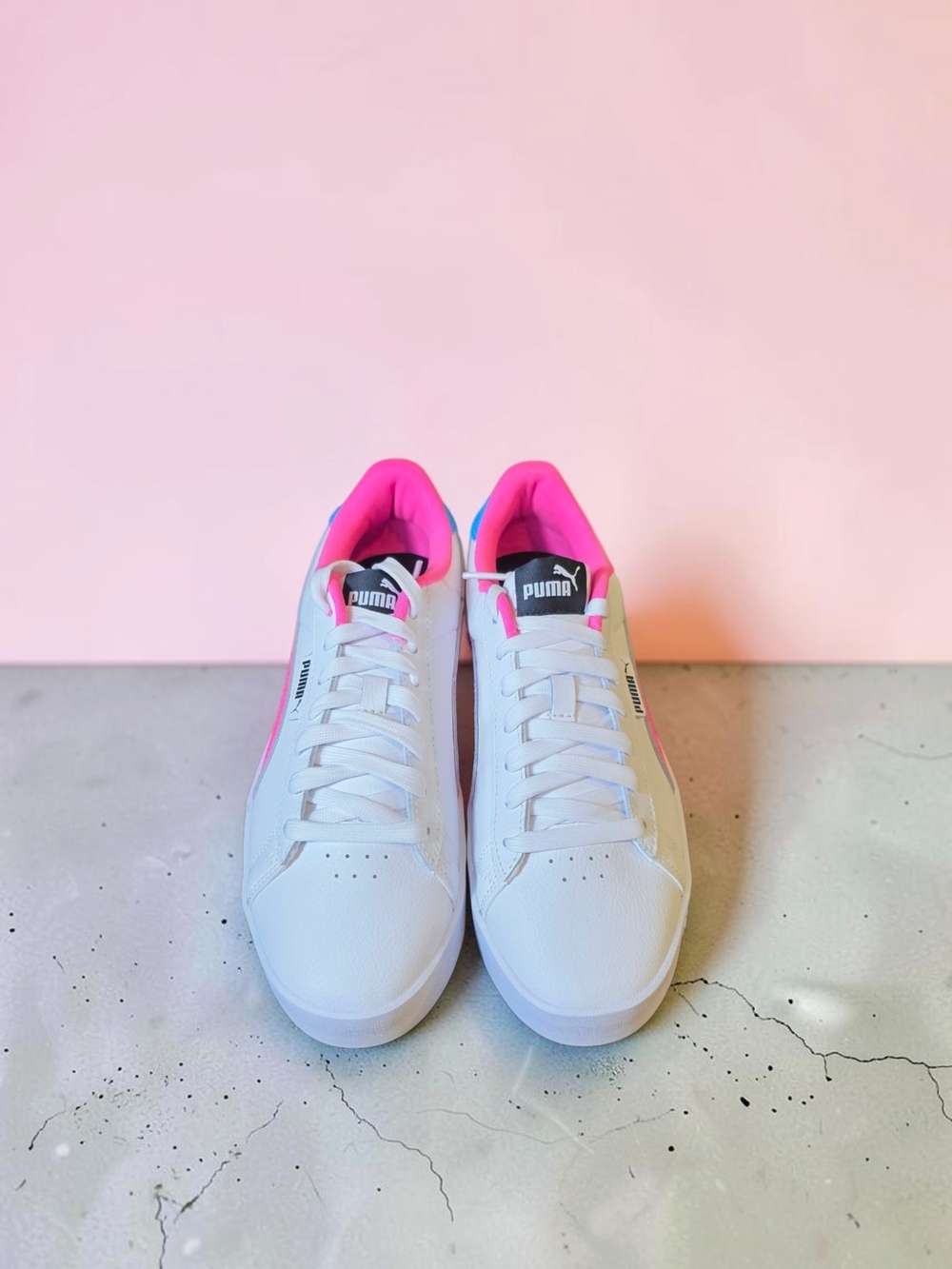 Puma White Sneakers with Pink Lining and Blue Heel Trim